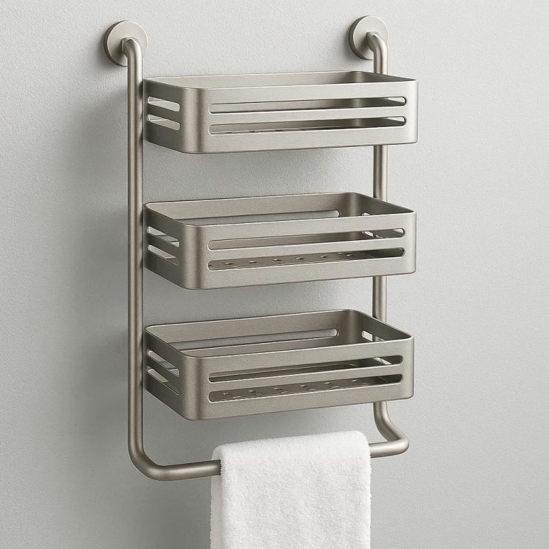 Rustproof Aluminum Bathroom Shelf with Towel Bar and 3 Storage Baskets