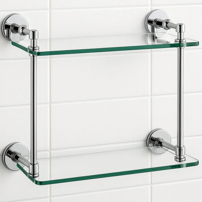 Glass Bathroom Shelf 2 Tier Wall Mounted with Chrome Brackets